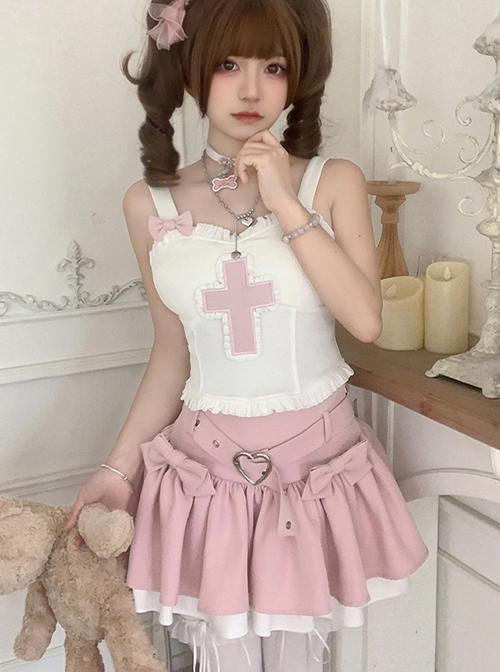 Cross Sweetheart Series Pink Sweet Lolita Slim Fit Cute Sexy Cross Patch Ruffles White Short Camisole Vest