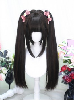 Dark Brown Flat Bangs Quadratic Element Landmine Style Dual Horsetail Long Straight Hair Sweet Lolita Wig