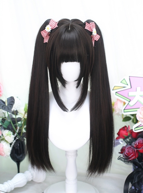 Dark Brown Flat Bangs Quadratic Element Landmine Style Dual Horsetail Long Straight Hair Sweet Lolita Wig