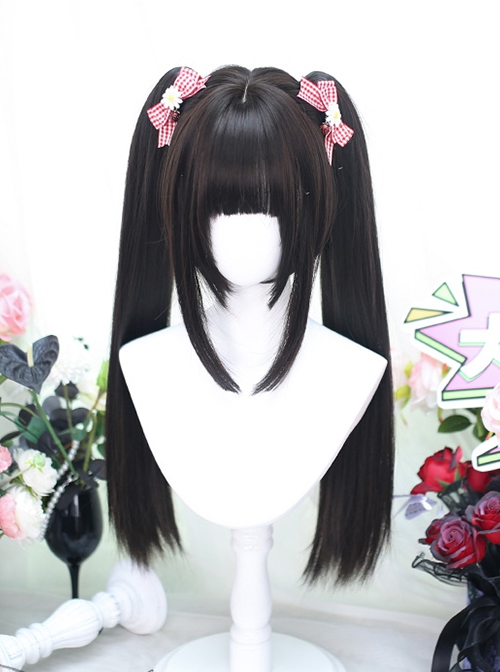 Dark Brown Flat Bangs Quadratic Element Landmine Style Dual Horsetail Long Straight Hair Sweet Lolita Wig