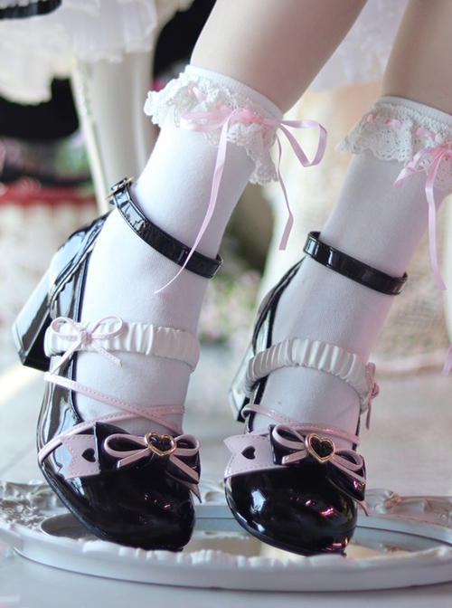 Elegant Ballet Ribbon Bowknot Pleated Laces Sweet Lolita Cute Round Toe Middle Heel Mary Jane Shoes