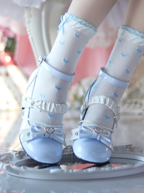 Elegant Ballet Ribbon Bowknot Pleated Laces Sweet Lolita Cute Round Toe Middle Heel Mary Jane Shoes