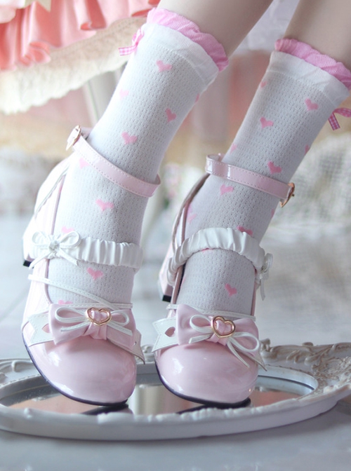 Elegant Ballet Ribbon Bowknot Pleated Laces Sweet Lolita Cute Round Toe Middle Heel Mary Jane Shoes