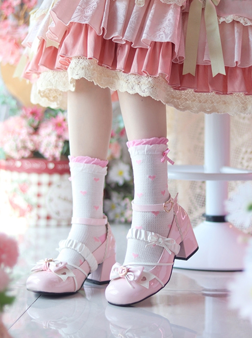 Elegant Ballet Ribbon Bowknot Pleated Laces Sweet Lolita Cute Round Toe Middle Heel Mary Jane Shoes