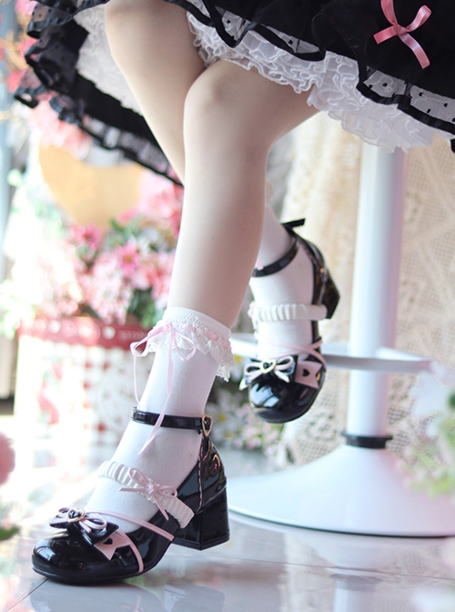 Elegant Ballet Ribbon Bowknot Pleated Laces Sweet Lolita Cute Round Toe Middle Heel Mary Jane Shoes