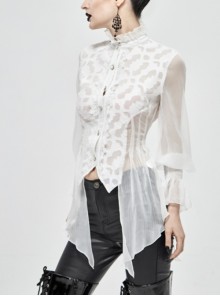 Gothic Style Chiffon Sexy Slightly Transparent High Collar Front Center Metal Button Decoration White Trumpet Sleeve Shirt