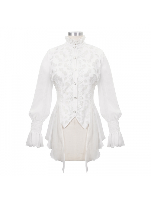 Gothic Style Chiffon Sexy Slightly Transparent High Collar Front Center Metal Button Decoration White Trumpet Sleeve Shirt