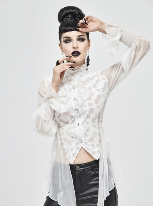 Gothic Style Chiffon Sexy Slightly Transparent High Collar Front Center Metal Button Decoration White Trumpet Sleeve Shirt