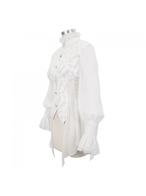 Gothic Style Chiffon Sexy Slightly Transparent High Collar Front Center Metal Button Decoration White Trumpet Sleeve Shirt