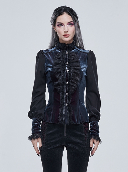 Gothic Style Comfortable Velvet Fabric Front Center Lace Three Dimensional High Collar Design Black Lantern Sleeves Women's Shirt