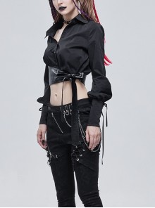 Punk Style Personality Thin Textured Fabric With Leather Hem And Asymmetrical Neckline Black Puff Sleeve Shirt