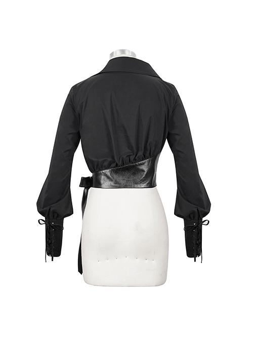 Punk Style Personality Thin Textured Fabric With Leather Hem And Asymmetrical Neckline Black Puff Sleeve Shirt