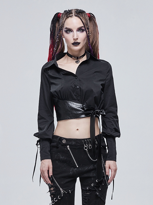 Punk Style Personality Thin Textured Fabric With Leather Hem And Asymmetrical Neckline Black Puff Sleeve Shirt