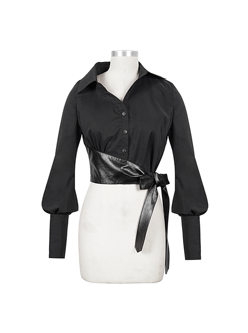 Punk Style Personality Thin Textured Fabric With Leather Hem And Asymmetrical Neckline Black Puff Sleeve Shirt