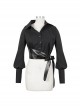 Punk Style Personality Thin Textured Fabric With Leather Hem And Asymmetrical Neckline Black Puff Sleeve Shirt