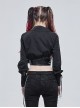 Punk Style Personality Thin Textured Fabric With Leather Hem And Asymmetrical Neckline Black Puff Sleeve Shirt