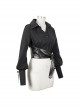 Punk Style Personality Thin Textured Fabric With Leather Hem And Asymmetrical Neckline Black Puff Sleeve Shirt