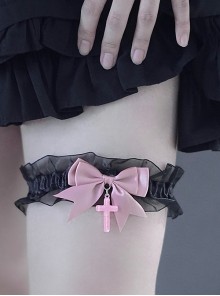 Sweet Cool Cute Subculture Pink Bowknot Cross Pendant Black Lace Kawaii Gothic Lolita Leg Loop