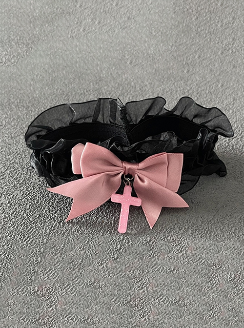 Sweet Cool Cute Subculture Pink Bowknot Cross Pendant Black Lace Kawaii Gothic Lolita Leg Loop