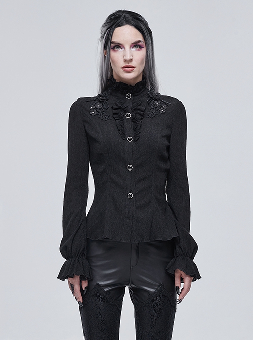 Gothic Style Simple Rough Linen Three Dimensional Lace Embroidery High Collar Black Lantern Sleeve Shirt