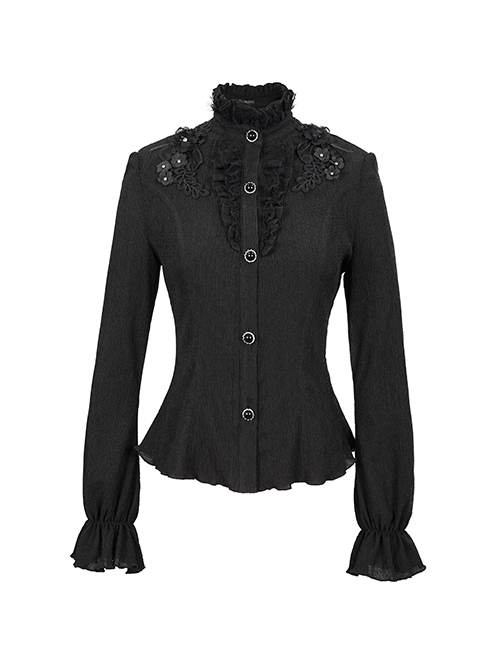 Gothic Style Simple Rough Linen Three Dimensional Lace Embroidery High Collar Black Lantern Sleeve Shirt