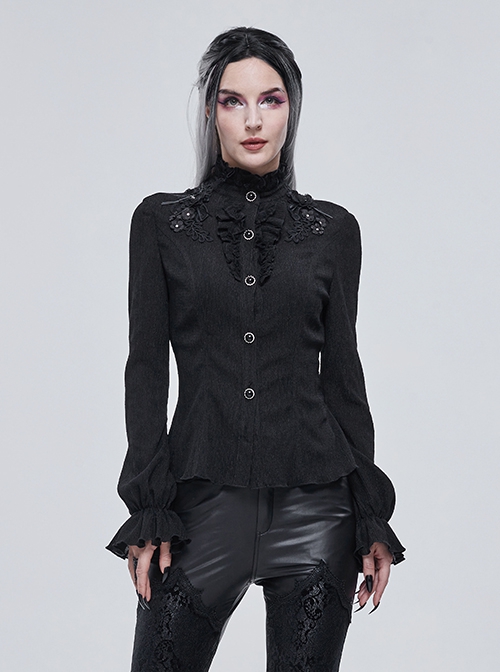 Gothic Style Simple Rough Linen Three Dimensional Lace Embroidery High Collar Black Lantern Sleeve Shirt