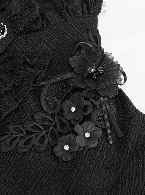 Gothic Style Simple Rough Linen Three Dimensional Lace Embroidery High Collar Black Lantern Sleeve Shirt