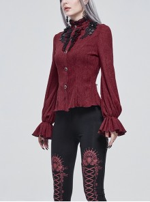 Gothic Style Simple Rough Linen Three Dimensional Lace Embroidery High Collar Red Lantern Sleeve Shirt