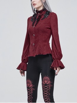 Gothic Style Simple Rough Linen Three Dimensional Lace Embroidery High Collar Red Lantern Sleeve Shirt