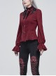 Gothic Style Simple Rough Linen Three Dimensional Lace Embroidery High Collar Red Lantern Sleeve Shirt