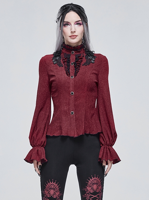 Gothic Style Simple Rough Linen Three Dimensional Lace Embroidery High Collar Red Lantern Sleeve Shirt