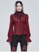 Gothic Style Simple Rough Linen Three Dimensional Lace Embroidery High Collar Red Lantern Sleeve Shirt