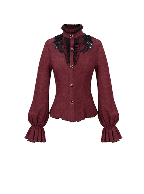 Gothic Style Simple Rough Linen Three Dimensional Lace Embroidery High Collar Red Lantern Sleeve Shirt