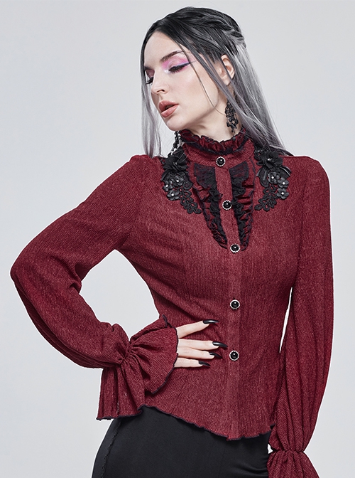 Gothic Style Simple Rough Linen Three Dimensional Lace Embroidery High Collar Red Lantern Sleeve Shirt