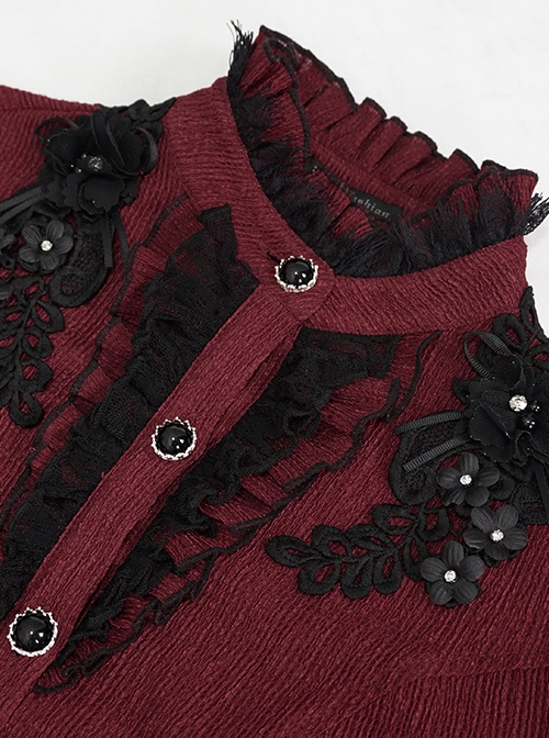 Gothic Style Simple Rough Linen Three Dimensional Lace Embroidery High Collar Red Lantern Sleeve Shirt