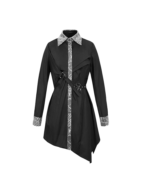 Gothic Style Pleated Elastic Front Center Metal Metal Five Pointed Star Stitching White Spider Web Fabric With Asymmetrical Hem Black Long Shirt