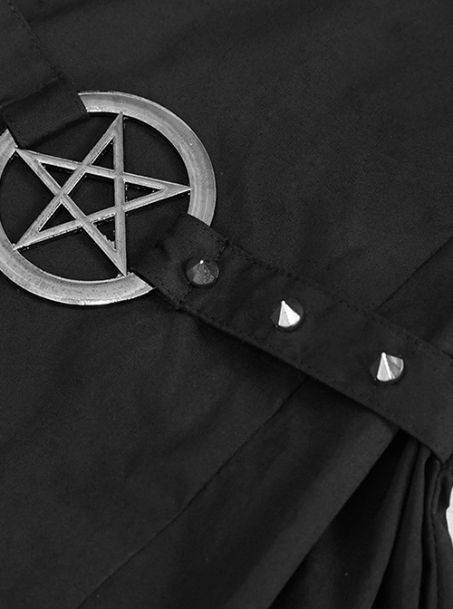 Gothic Style Pleated Elastic Front Center Metal Metal Five Pointed Star Stitching White Spider Web Fabric With Asymmetrical Hem Black Long Shirt