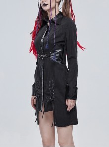 Punk Style Vertical Seam Fabric Patchwork Leather Front Center Metal Button Eyelet Tie Black Long Shirt