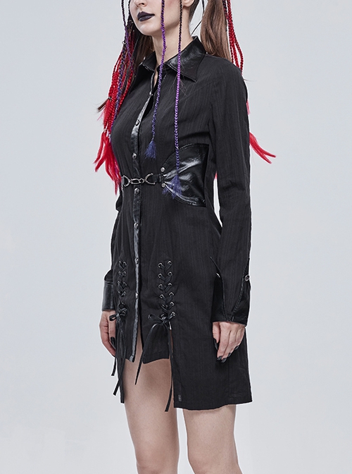 Punk Style Vertical Seam Fabric Patchwork Leather Front Center Metal Button Eyelet Tie Black Long Shirt