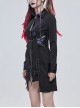 Punk Style Vertical Seam Fabric Patchwork Leather Front Center Metal Button Eyelet Tie Black Long Shirt