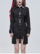 Punk Style Vertical Seam Fabric Patchwork Leather Front Center Metal Button Eyelet Tie Black Long Shirt