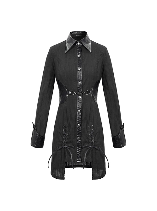 Punk Style Vertical Seam Fabric Patchwork Leather Front Center Metal Button Eyelet Tie Black Long Shirt