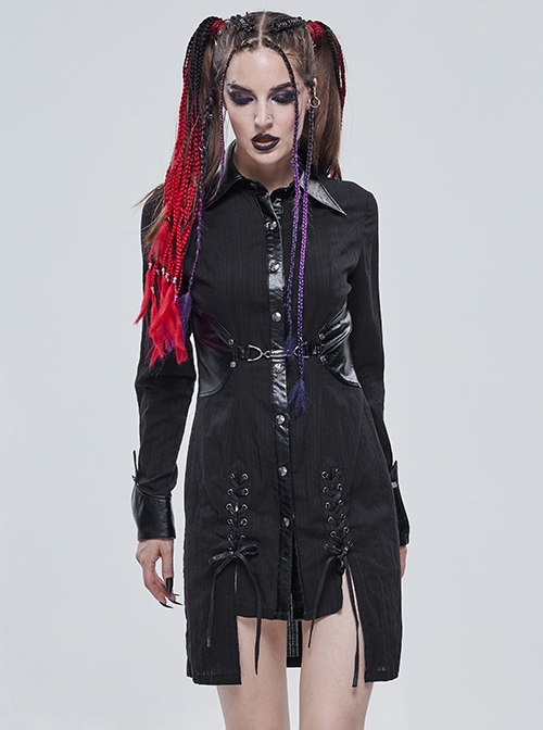 Punk Style Vertical Seam Fabric Patchwork Leather Front Center Metal Button Eyelet Tie Black Long Shirt