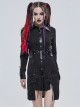 Punk Style Vertical Seam Fabric Patchwork Leather Front Center Metal Button Eyelet Tie Black Long Shirt