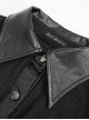 Punk Style Vertical Seam Fabric Patchwork Leather Front Center Metal Button Eyelet Tie Black Long Shirt