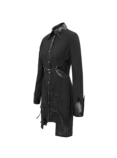 Punk Style Vertical Seam Fabric Patchwork Leather Front Center Metal Button Eyelet Tie Black Long Shirt