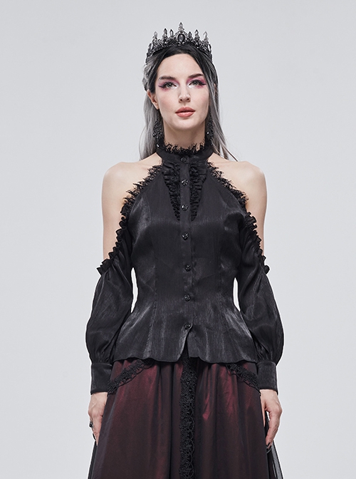 Gothic Style Ruffled Lace Halter Neck Sexy Off Shoulder Black Women's Lantern Sleeve Shirt