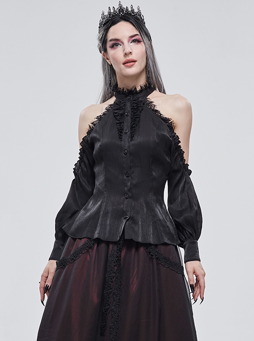 Gothic Style Ruffled Lace Halter Neck Sexy Off Shoulder Black Women's Lantern Sleeve Shirt