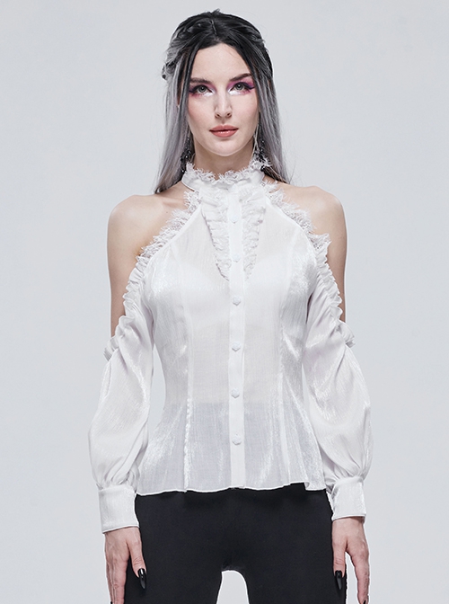 Gothic Style Ruffled Lace Halter Neck Sexy Off Shoulder White Women's Lantern Sleeve Shirt