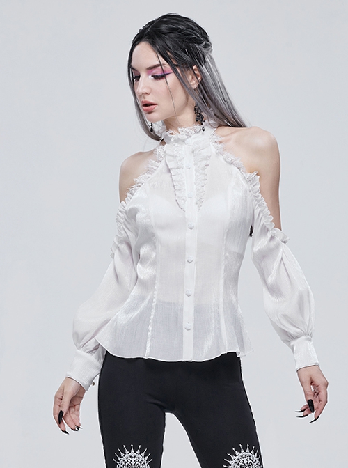 Gothic Style Ruffled Lace Halter Neck Sexy Off Shoulder White Women's Lantern Sleeve Shirt